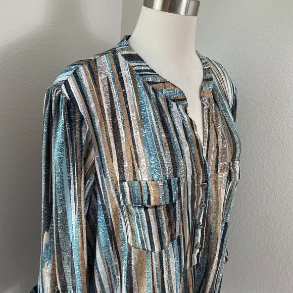 Cocomo Womens Plus 2X Striped Shirt Stretch Tunic Top Roll Tab Sleeve V Neck - Picture 2 of 9